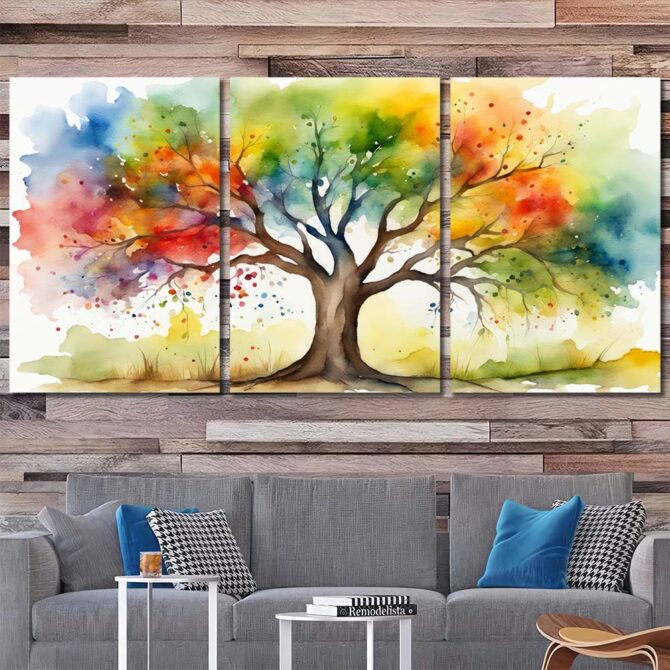 Watercolor Tree Print Art Canvas with Frame Layout-Three Panels Regular