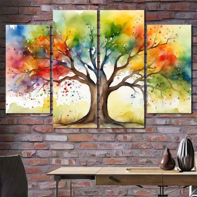 Watercolor Tree Print Art Canvas with Frame Layout-Four Panels Diamond
