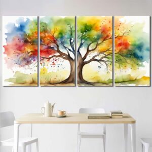 Watercolor Tree Print Art Canvas with Frame Layout-Four Panels Regular