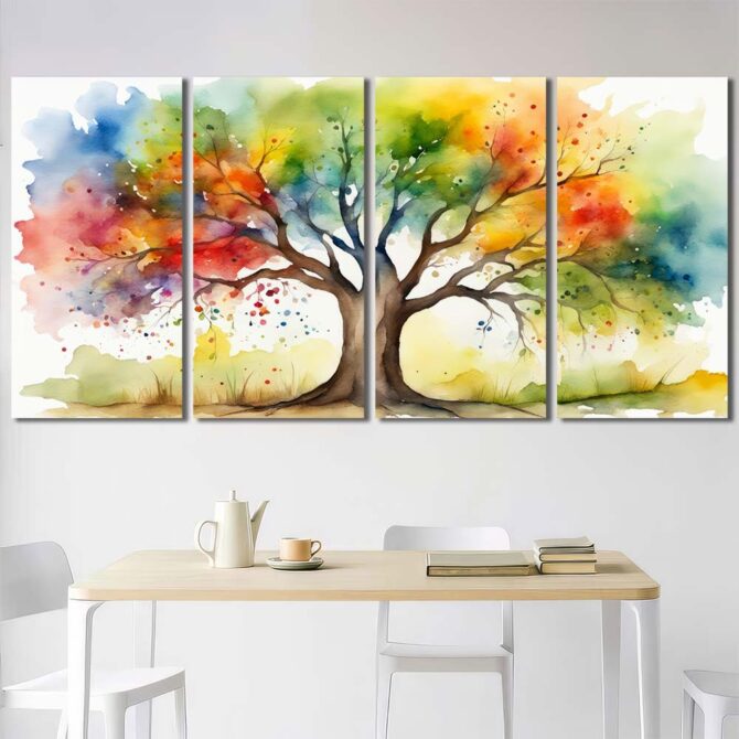 Watercolor Tree Print Art Canvas with Frame Layout-Four Panels Regular