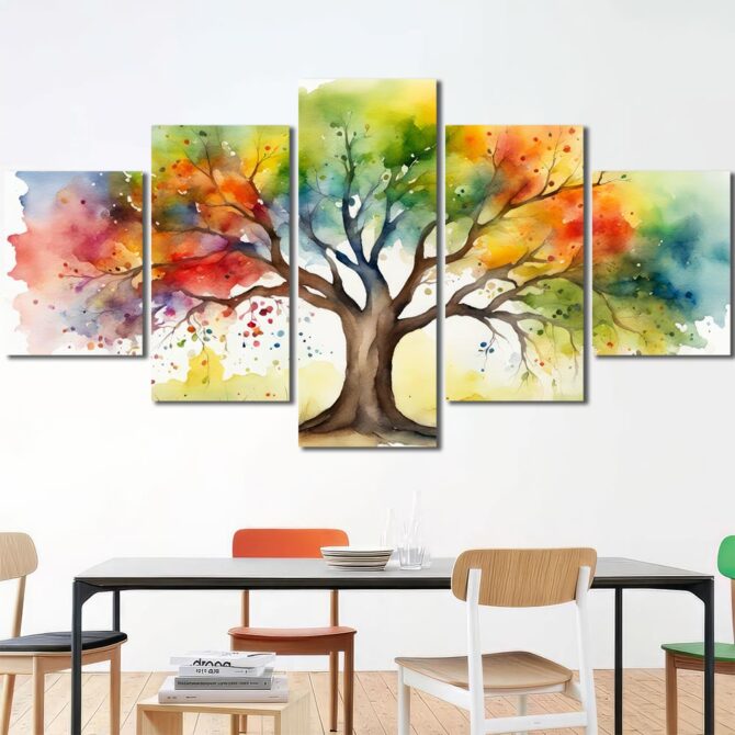 Watercolor Tree Print Art Canvas with Frame Layout-Five Panels Diamond