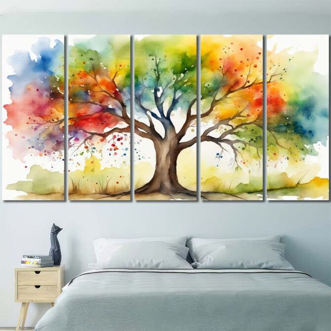 Watercolor Tree Print Art Canvas with Frame Layout-Five Panels Regular