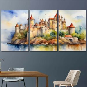 Watercolor Castle Wall Art Pictures Layout-Three Panels Regular