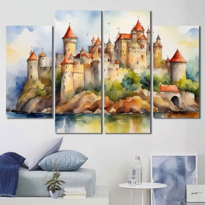 Watercolor Castle Wall Art Pictures Layout-Four Panels Diamond
