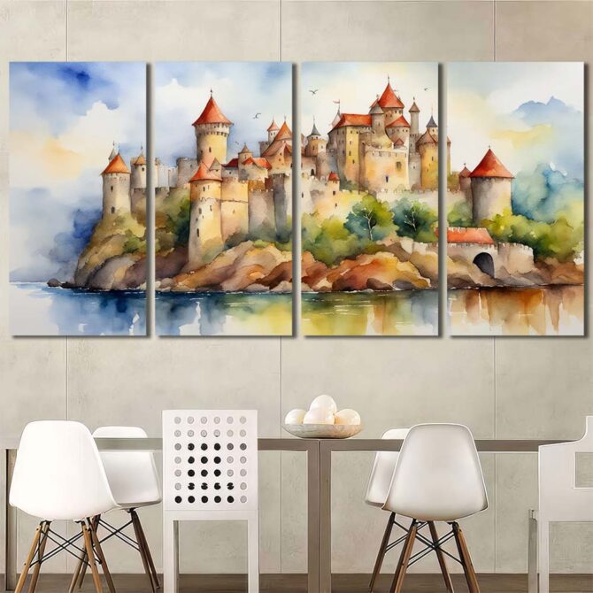 Watercolor Castle Wall Art Pictures Layout-Four Panels Regular