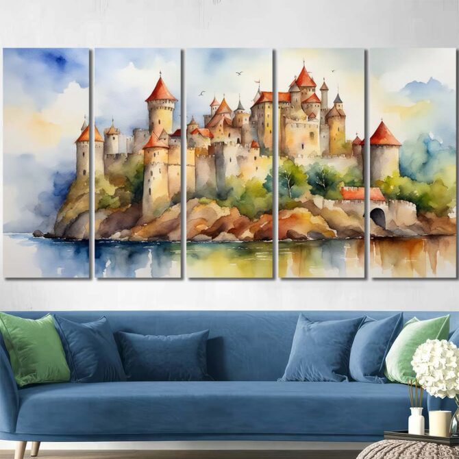 Watercolor Castle Wall Art Pictures Layout-Five Panels Regular