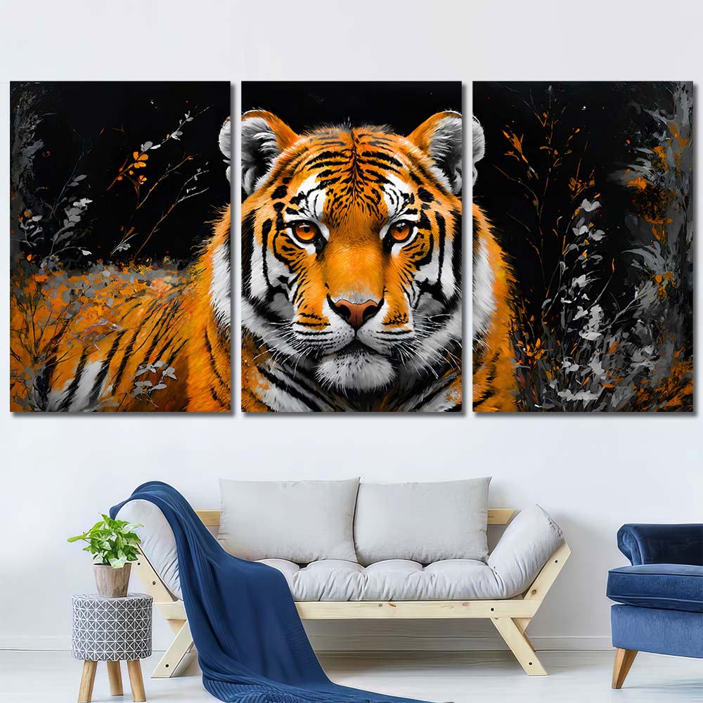 Tiger Head With Red Eyes Wall Art Canvas with Frame Layout-Three Panels Regular