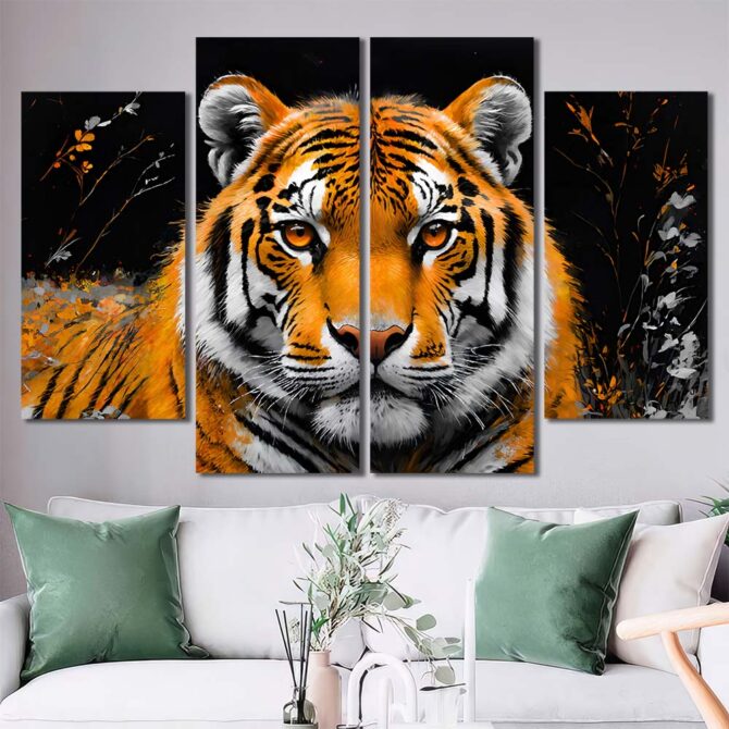 Tiger Head With Red Eyes Wall Art Canvas with Frame Layout-Four Panels Diamond
