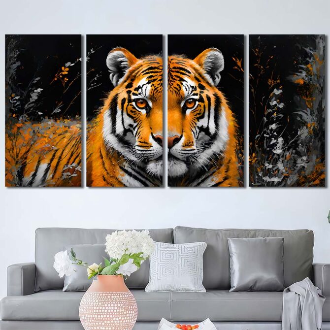 Tiger Head With Red Eyes Wall Art Canvas with Frame Layout-Four Panels Regular