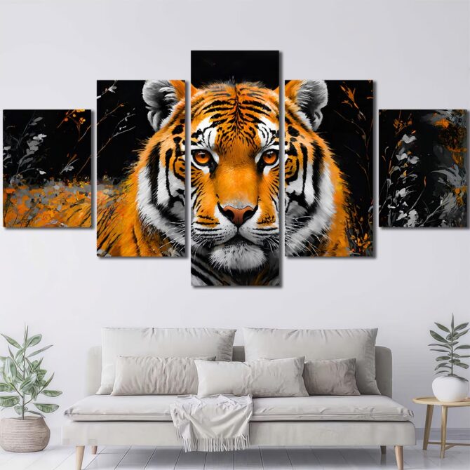 Tiger Head With Red Eyes Wall Art Canvas with Frame Layout-Five Panels Diamond