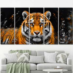 Tiger Head With Red Eyes Wall Art Canvas with Frame Layout-Four Panels Regular