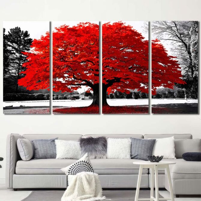 Red Tree HD pictures on Canvas with Frame Layout-Four Panels Regular