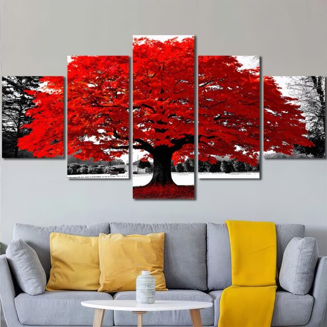 Red Tree HD pictures on Canvas with Frame Layout-Five Panels Diamond