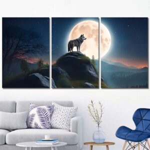 Anmial Wolf Under Full Moon Printed Canvas with Frame Layout-Three Panels Regular