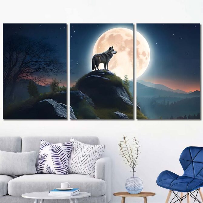 Anmial Wolf Under Full Moon Printed Canvas with Frame Layout-Three Panels Regular