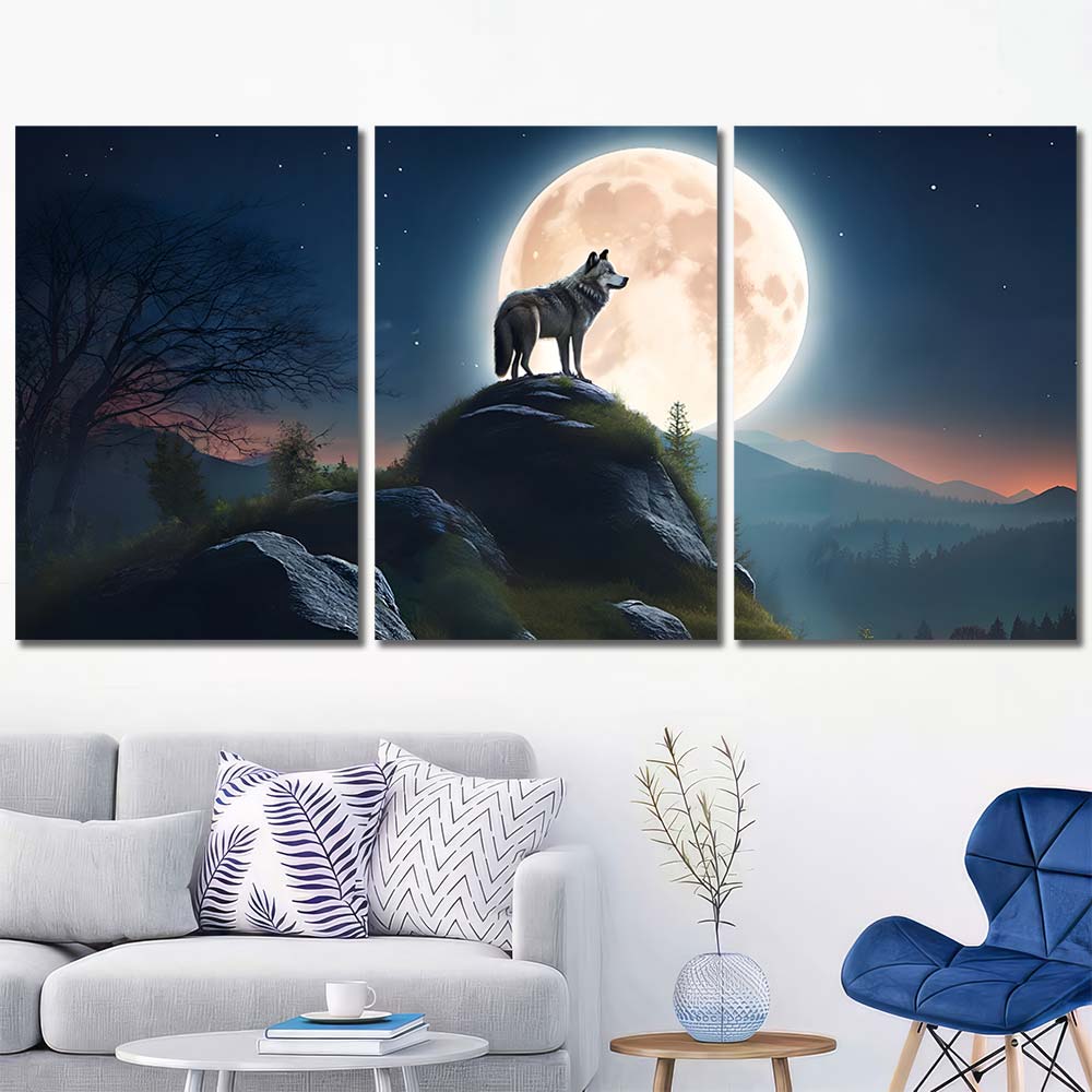 Anmial Wolf Under Full Moon Printed Canvas with Frame Layout-Three Panels Regular