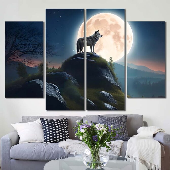 Anmial Wolf Under Full Moon Printed Canvas with Frame Layout-Four Panels Diamond