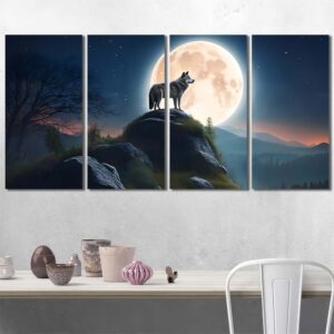 Anmial Wolf Under Full Moon Printed Canvas with Frame Layout-Four Panels Regular