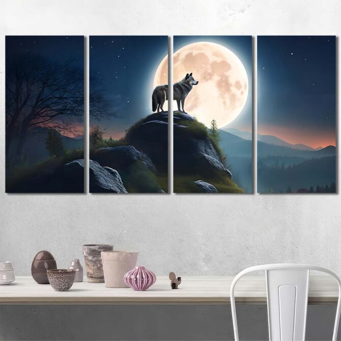 Anmial Wolf Under Full Moon Printed Canvas with Frame Layout-Four Panels Regular