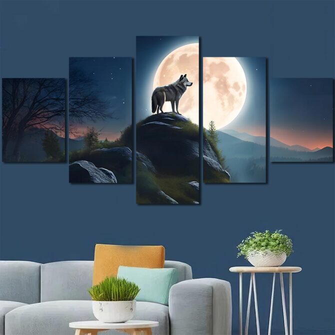 Anmial Wolf Under Full Moon Printed Canvas with Frame Layout-Five Panels Diamond