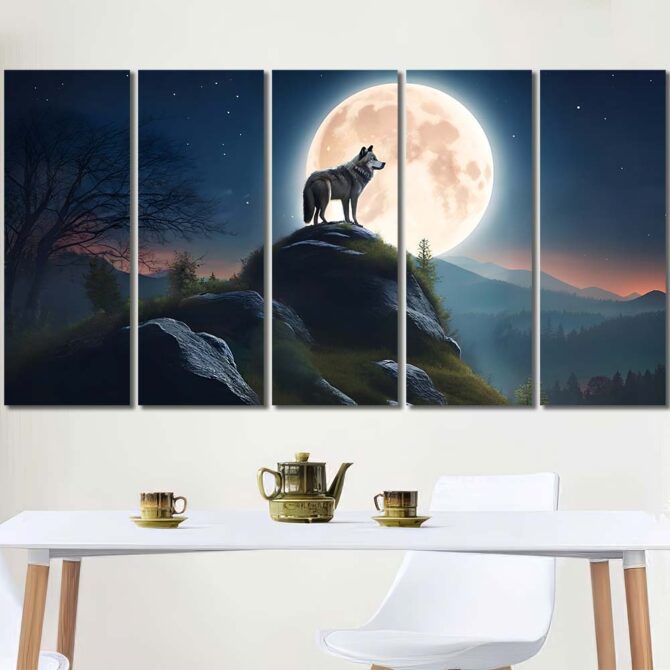 Anmial Wolf Under Full Moon Printed Canvas with Frame Layout-Five Panels Regular