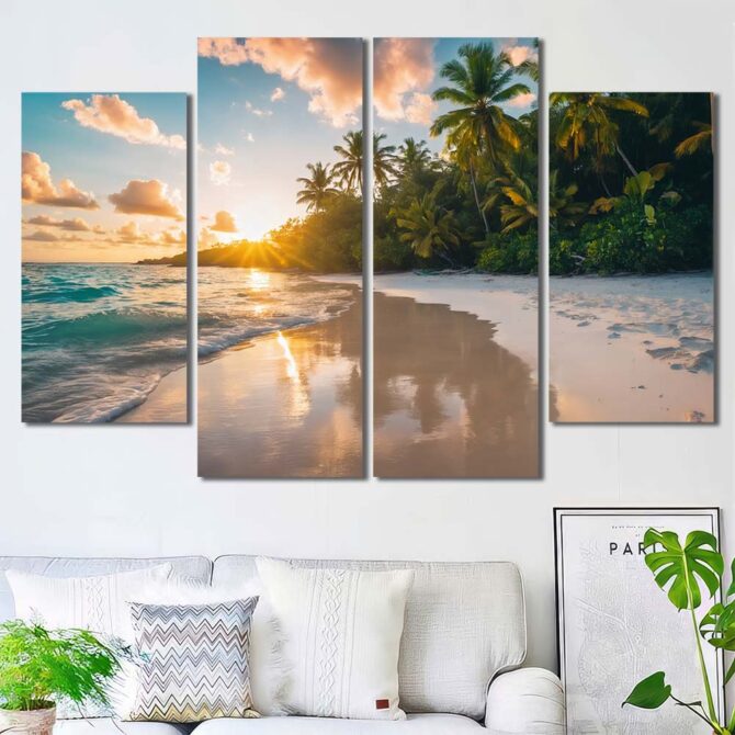 Tropical Beach Sunset Canvas Art Layout-Four Panels Diamond