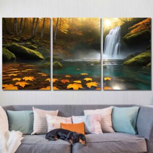 Forest Waterfall Lake Framed Canvas Wall Art Layout-Three Panels Regular