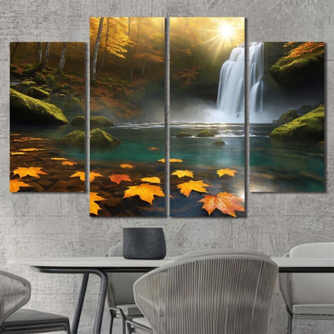 Forest Waterfall Lake Framed Canvas Wall Art Layout-Four Panels Diamond