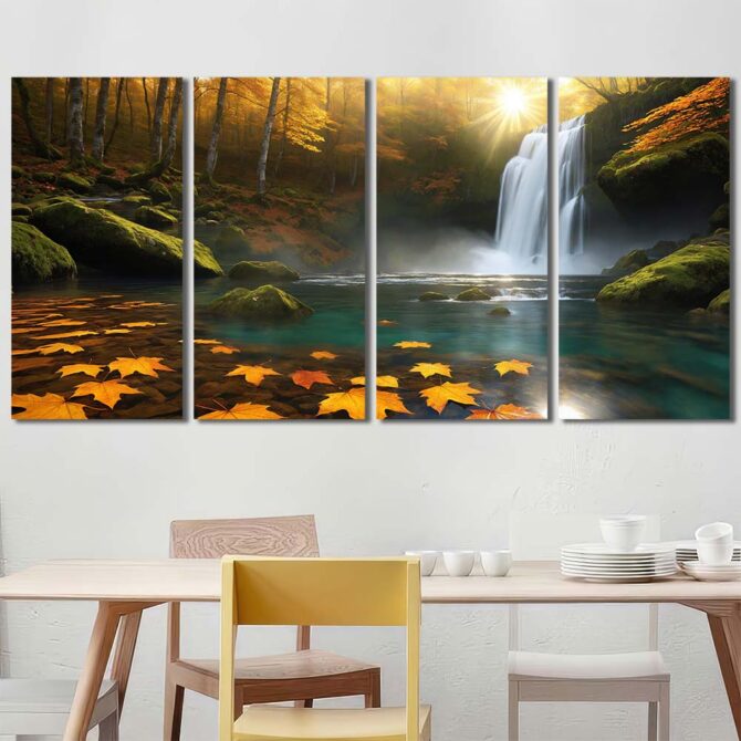 Forest Waterfall Lake Framed Canvas Wall Art Layout-Four Panels Regular