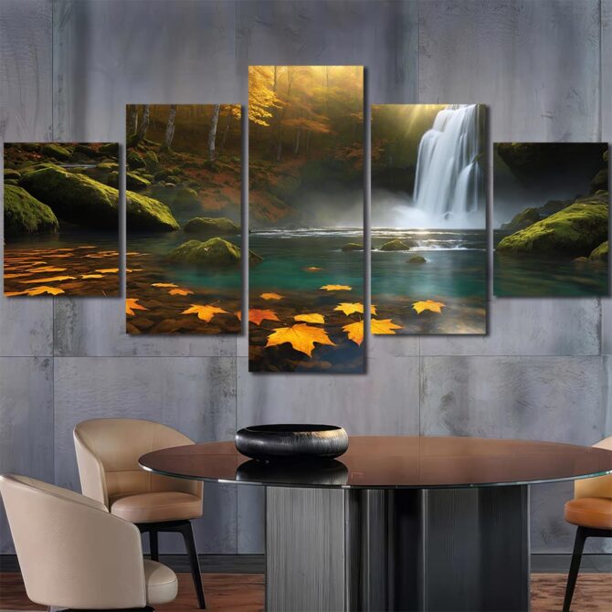 Forest Waterfall Lake Framed Canvas Wall Art Layout-Five Panels Diamond