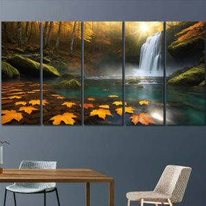 Forest Waterfall Lake Framed Canvas Wall Art Layout-Four Panels Regular