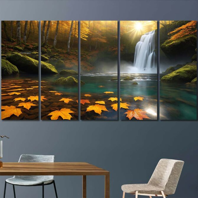 Forest Waterfall Lake Framed Canvas Wall Art Layout-Five Panels Regular