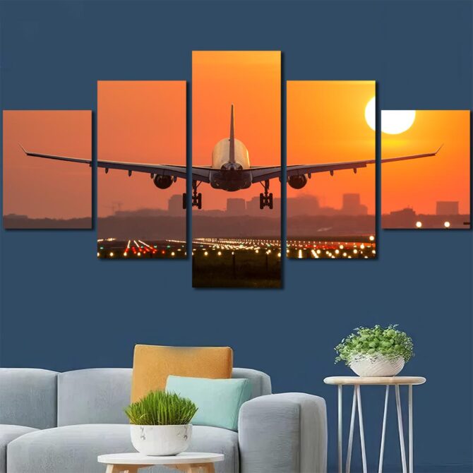 Airport Sunset Wall Art Pictures with Frame Layout-Five Panels Diamond