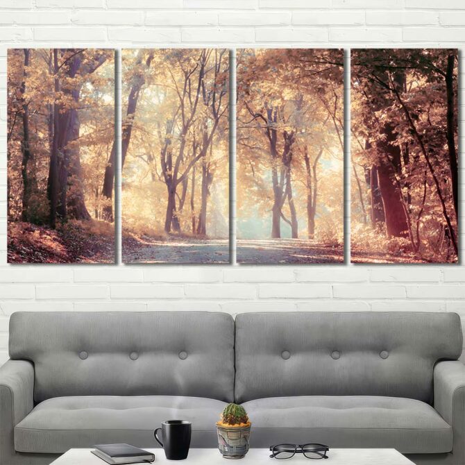 Autumn Forest Print Art Canvas with Frame Layout-Four Panels Regular
