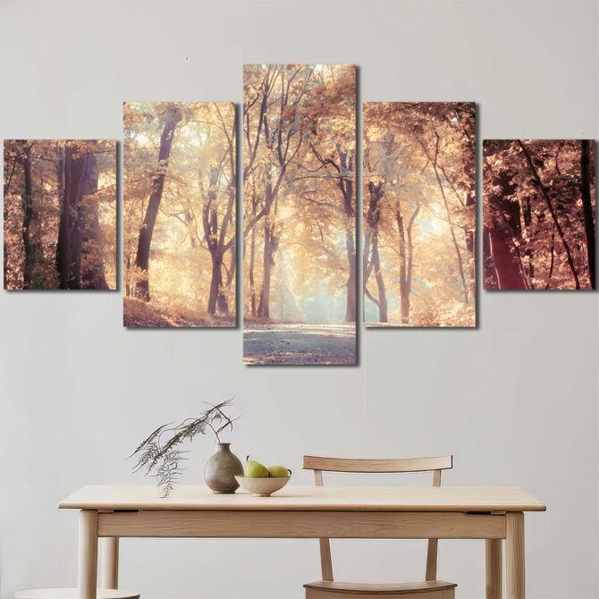 Autumn Forest Print Art Canvas with Frame Layout-Five Panels Diamond