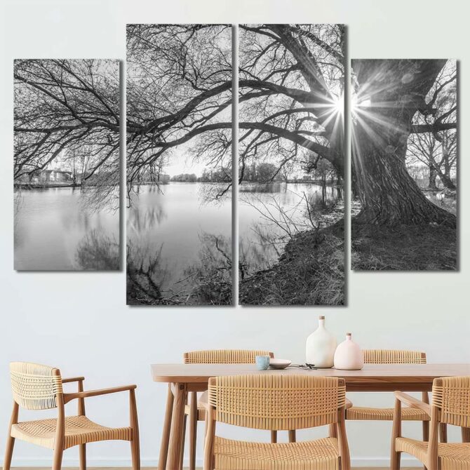 Black and White Lake HD Canvas Prints Layout-Four Panels Diamond