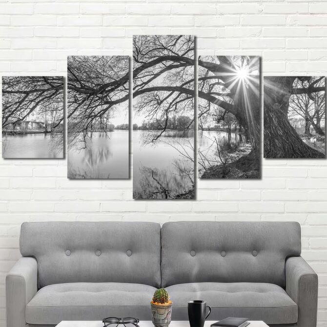 Black and White Lake HD Canvas Prints Layout-Five Panels Diamond