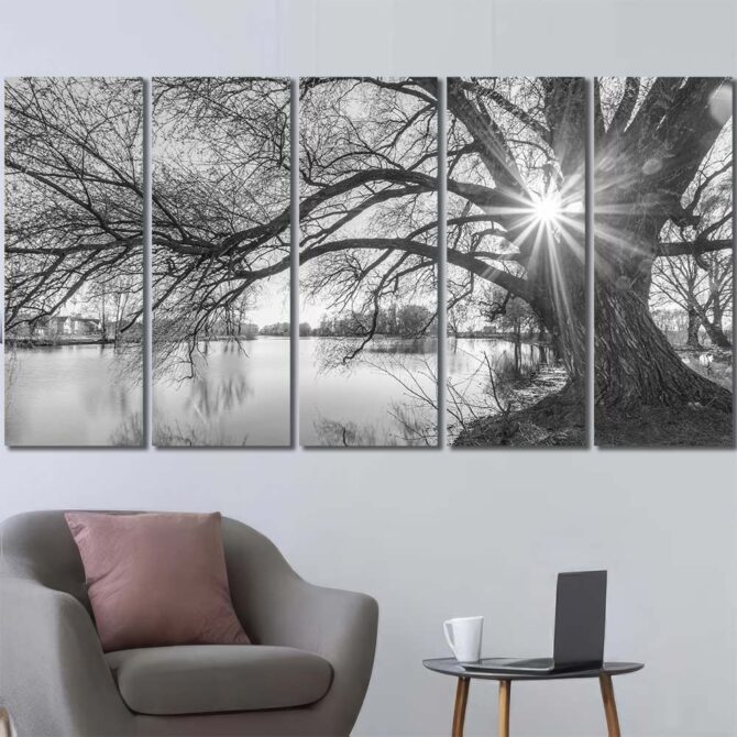 Black and White Lake HD Canvas Prints Layout-Five Panels Regular