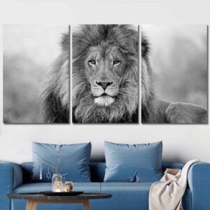 Black And White Lion Framed Canvas Wall Art Layout-Three Panels Regular