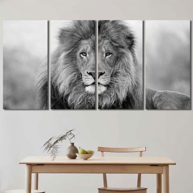 Black And White Lion Framed Canvas Wall Art Layout-Four Panels Regular