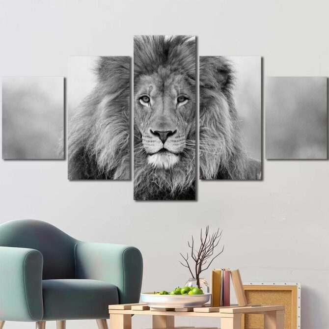 Black And White Lion Framed Canvas Wall Art Layout-Five Panels Diamond
