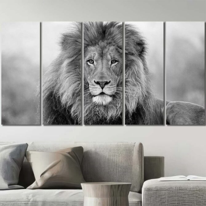 Black And White Lion Framed Canvas Wall Art Layout-Five Panels Regular