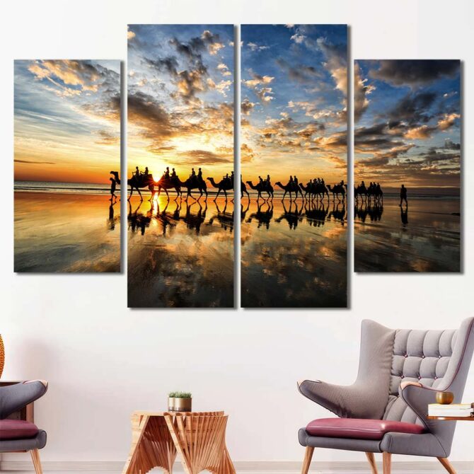 Camels Sunrise Canvas Wall Art Layout-Four Panels Diamond
