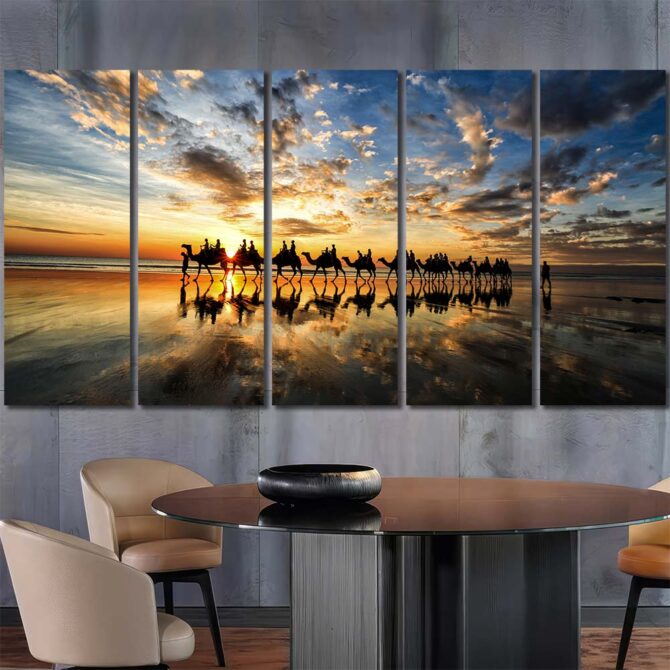 Camels Sunrise Canvas Wall Art Layout-Five Panels Regular