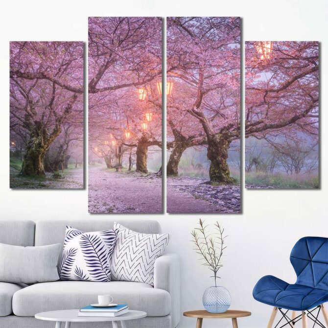 Cherry Blossoms Road Framed Wall Art Layout-Four Panels Diamond