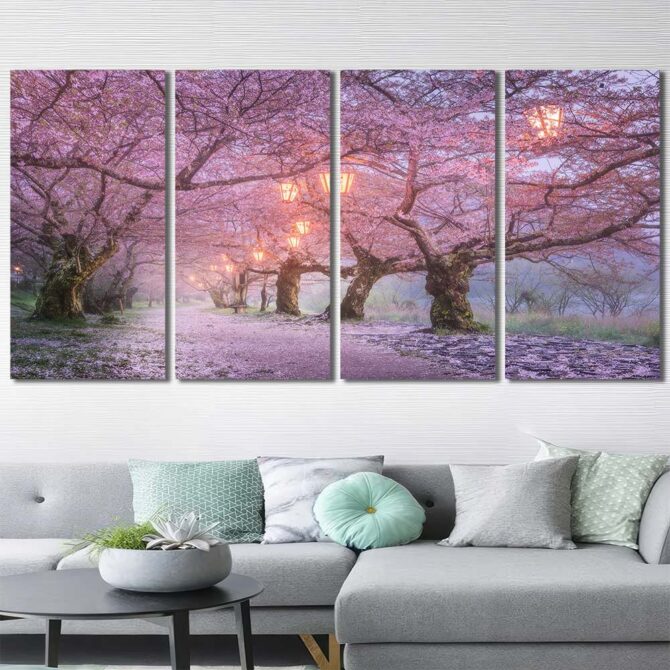 Cherry Blossoms Road Framed Wall Art Layout-Four Panels Regular