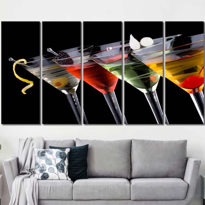 Four Cocktails Wall Art Canvas with Frame Layout-Five Panels Regular