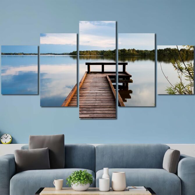 Lake Landscape Wall Art Canvas with Frame Layout-Five Panels Diamond