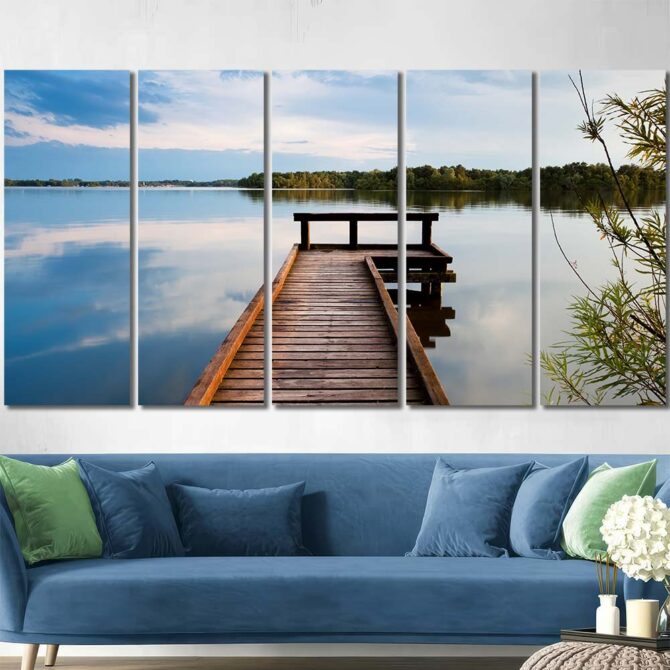 Lake Landscape Wall Art Canvas with Frame Layout-Five Panels Regular