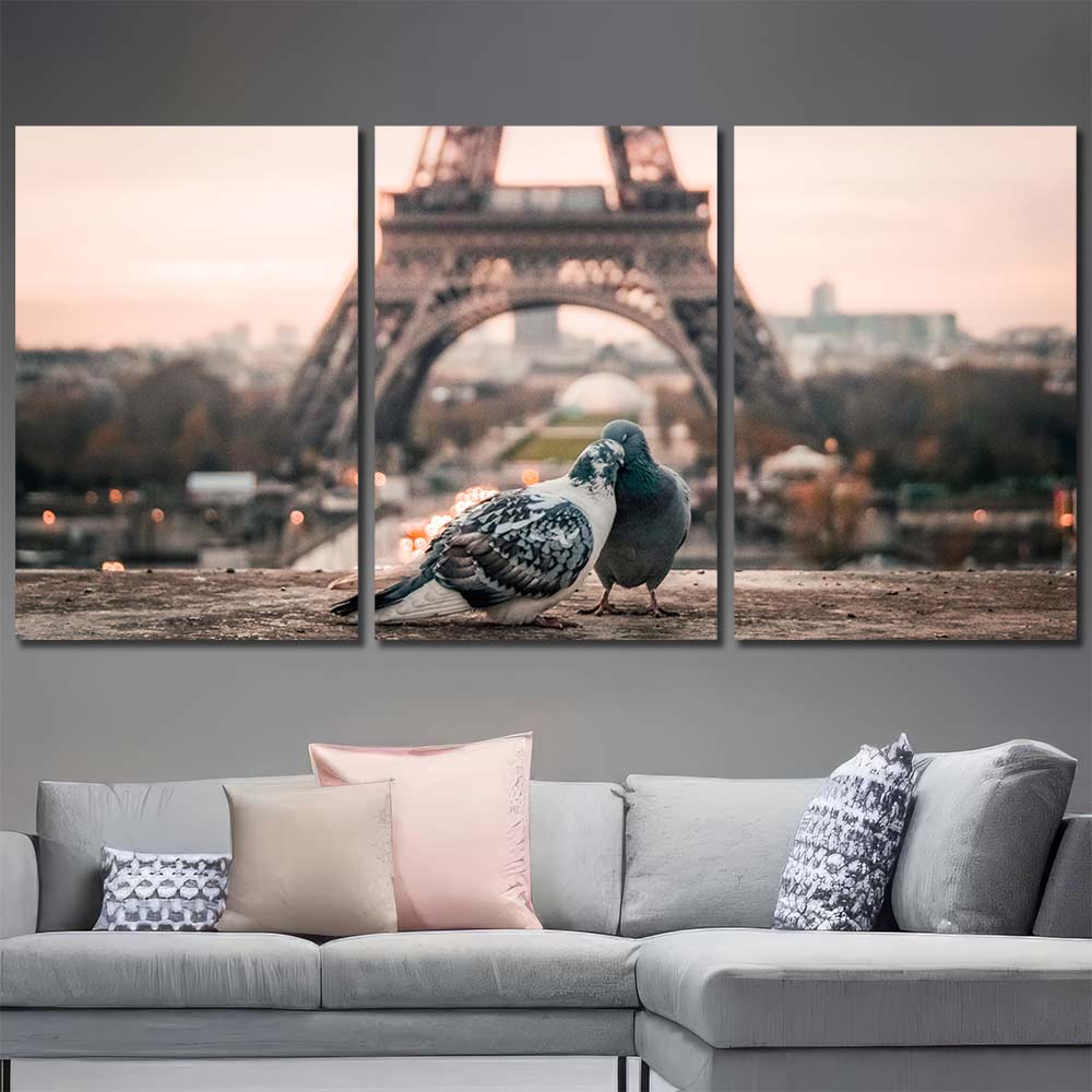 Love Birds in Paris Wall Art Pictures with Frame Layout-Three Panels Regular
